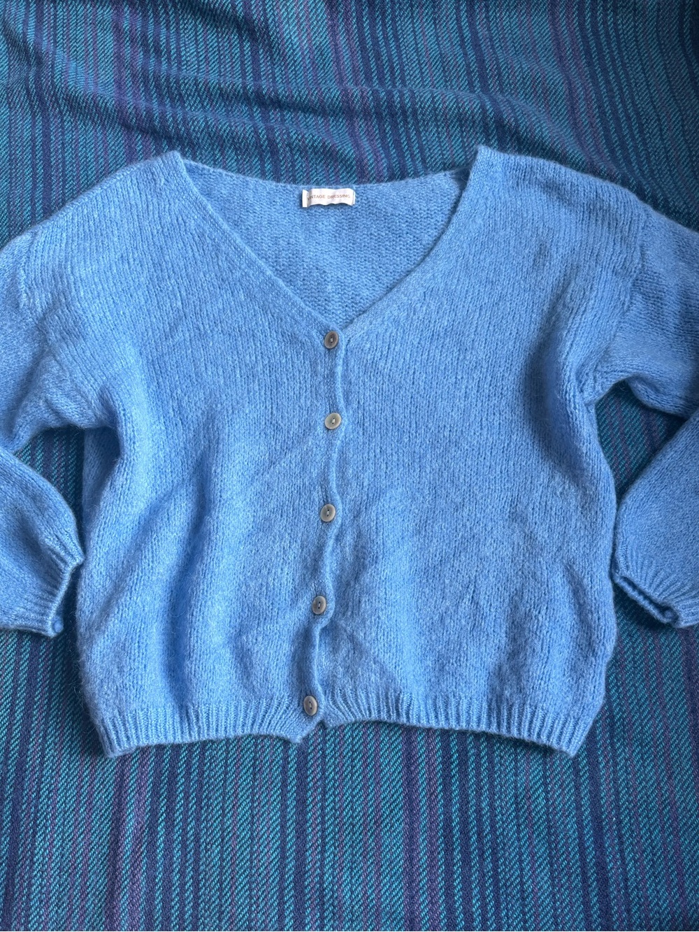 Blue V-Neck Button Front Angora Wool Blend Cardigan Sweater